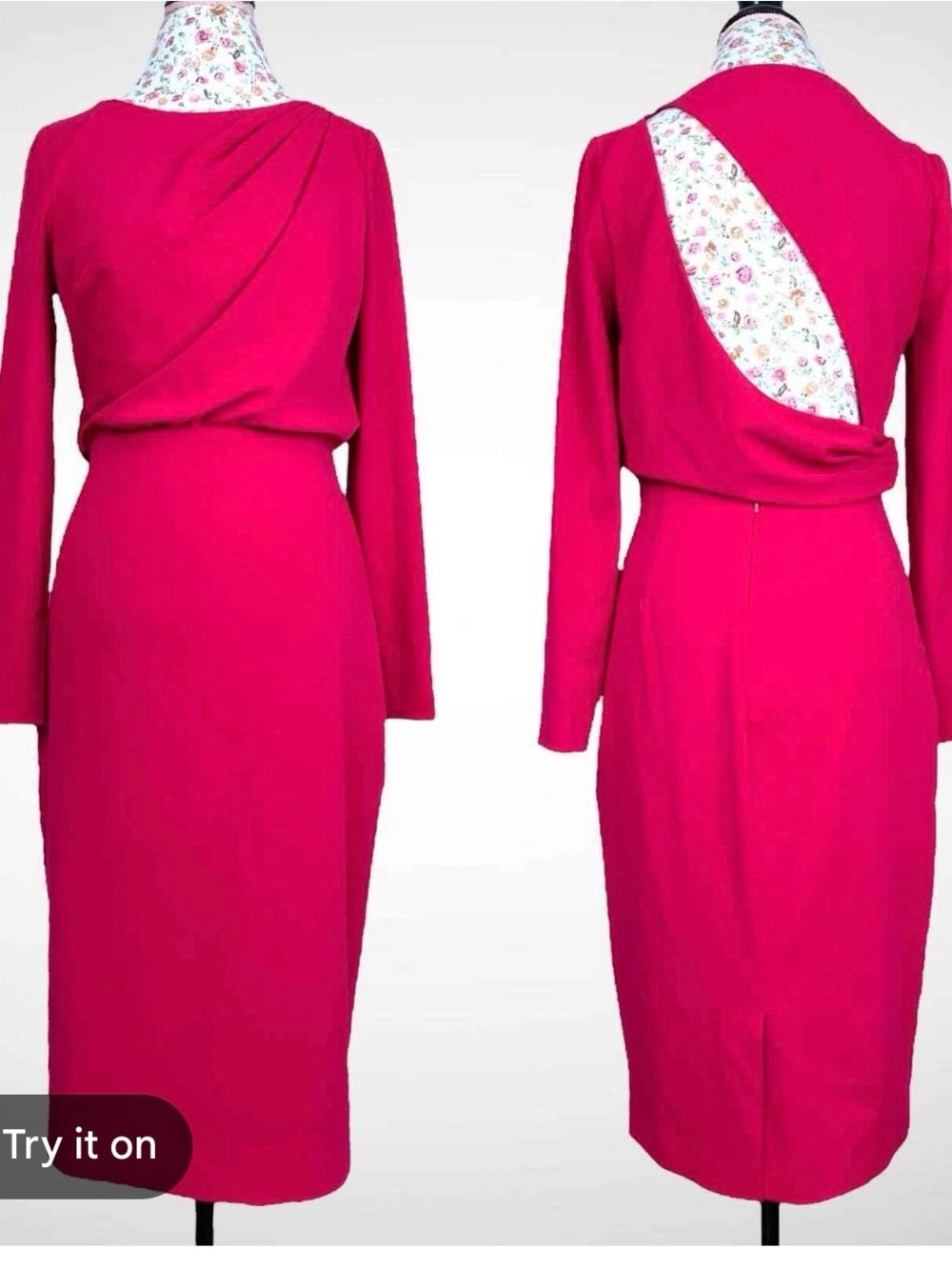 Badgley Mischka Fuchsia Long-Sleeve Midi Dress with Drape Front and Cut Out Back